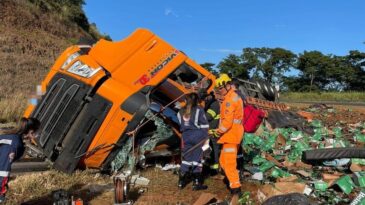 motorista-morre-ao-tombar-carreta-com-cerveja-na-br-050